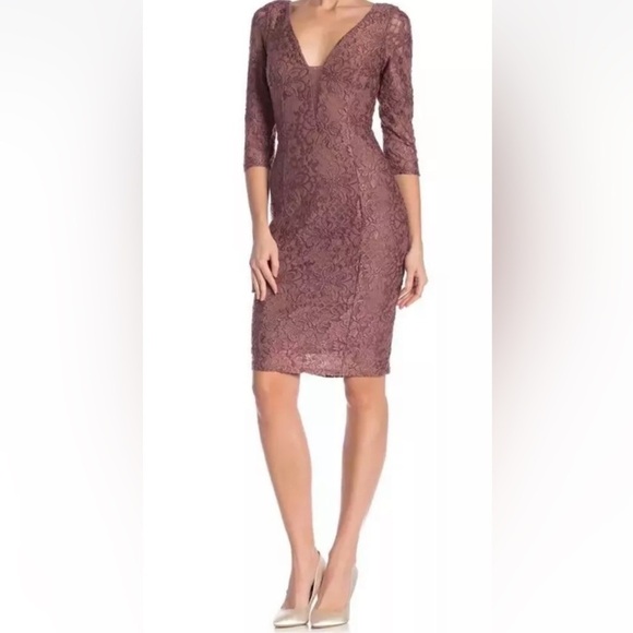 Marina Rinaldi Plunge Lace Sheath‎ Dress Color Cafe-Brown Size 10 (1246) - Picture 1 of 6